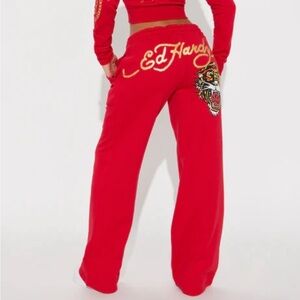 Ed Hardy Red Track Pants with Gold Embellishments